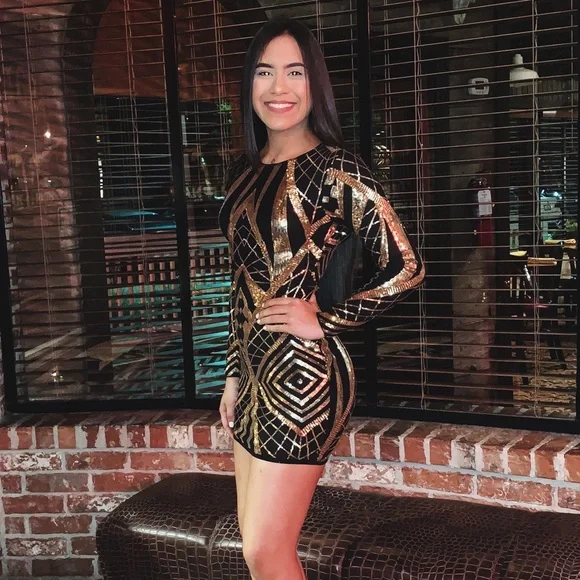 Black and Gold Sequin Long Sleeve Mini Dress